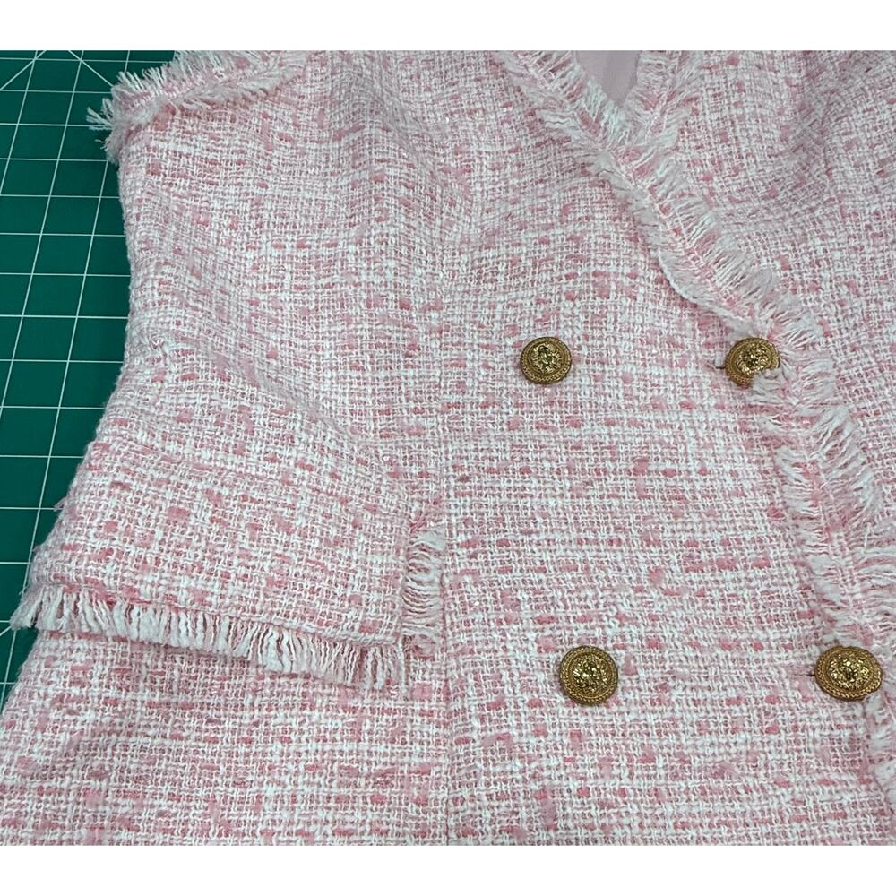 Pink Boucle Tweed Blazer Dress Fringe Gold Button Coquette Old Money Mini Paris - Picture 10 of 13